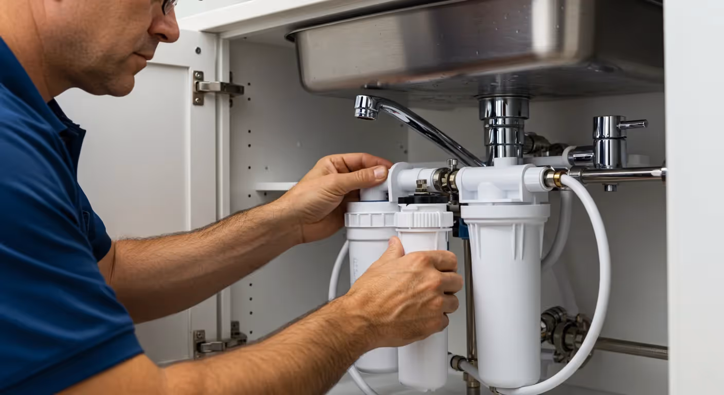 A man installs a new water filter system under a kitchen sink, adjusting the white cylindrical filters.