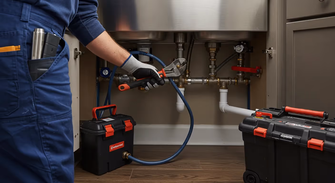 Plumber using a tool to check copper pipes and pressure gauge under a double sink.