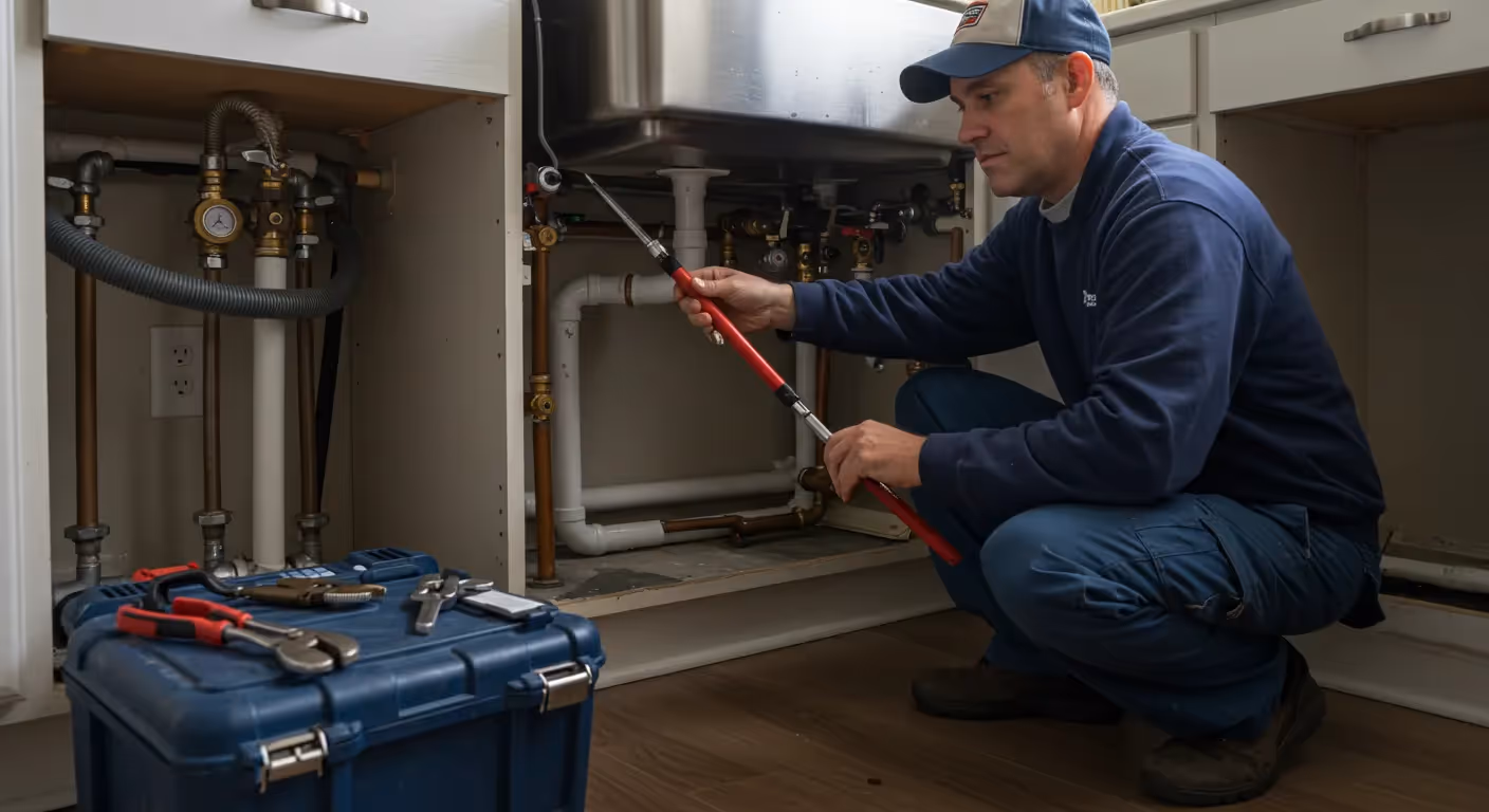 Plumber in a cap using a long wrench to service pipes under a kitchen sink.