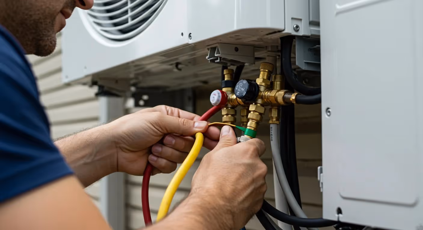 Hands connecting cables to mini-split valves.