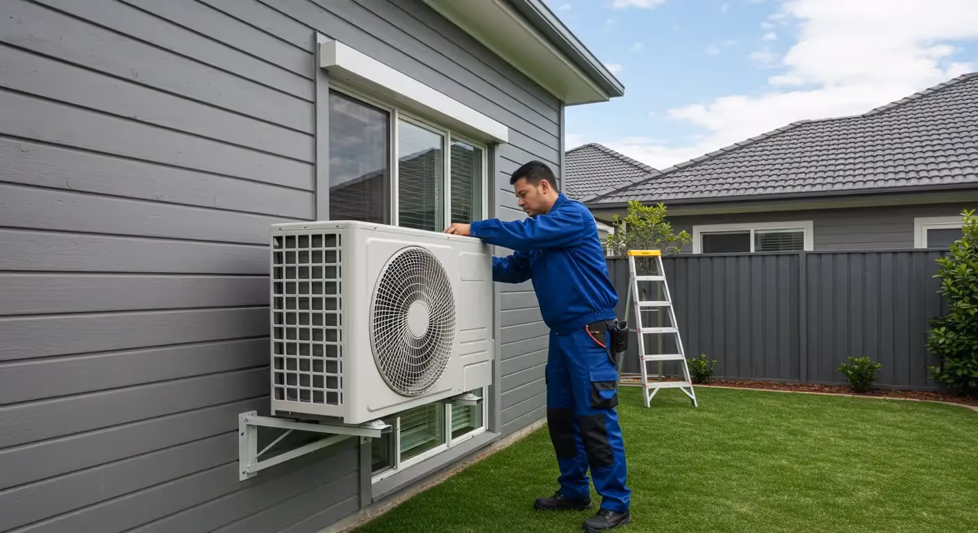 Technician installing mini-split outdoor unit on wall.
