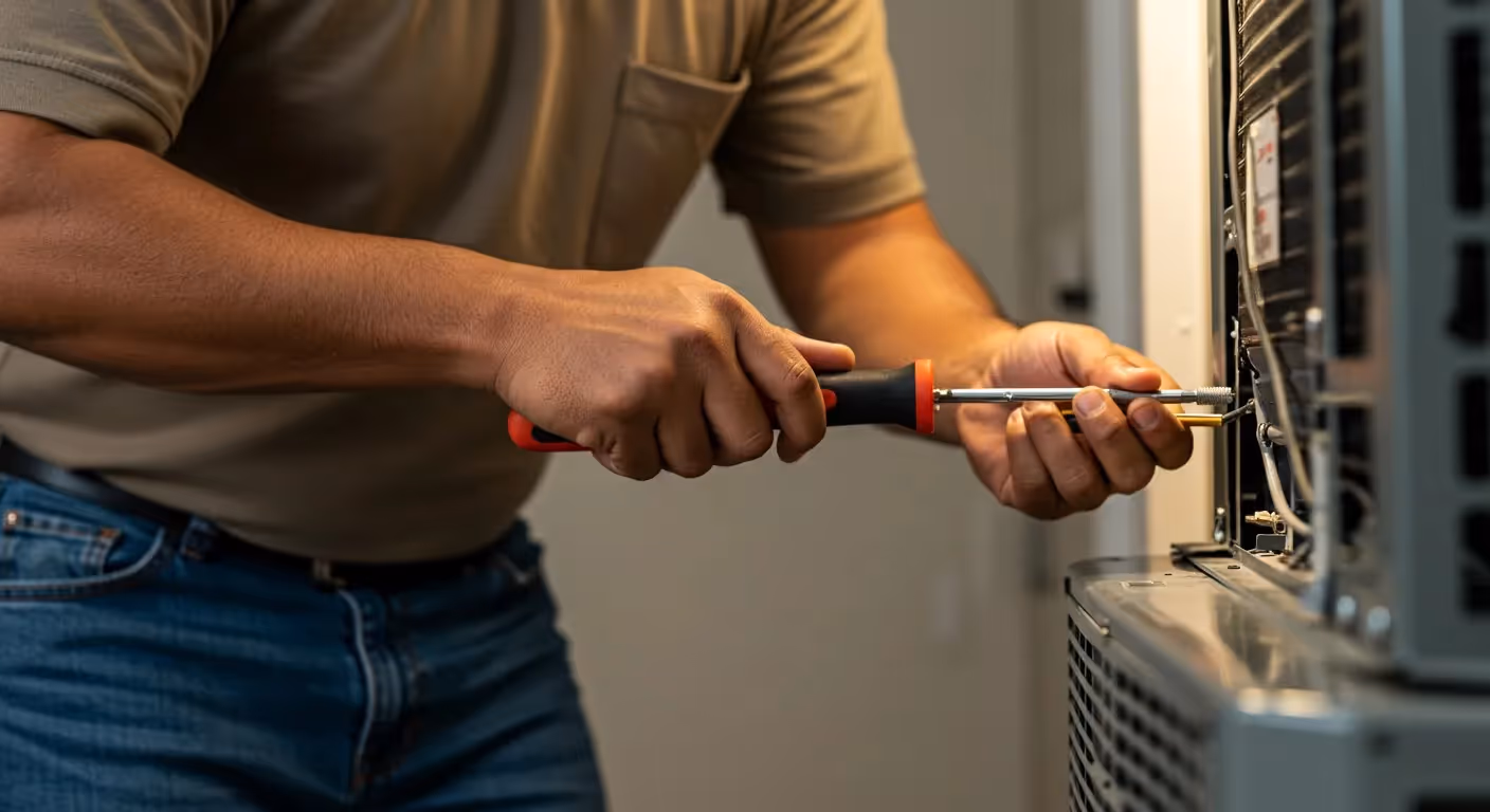 Man tightening screw on indoor HVAC unit.