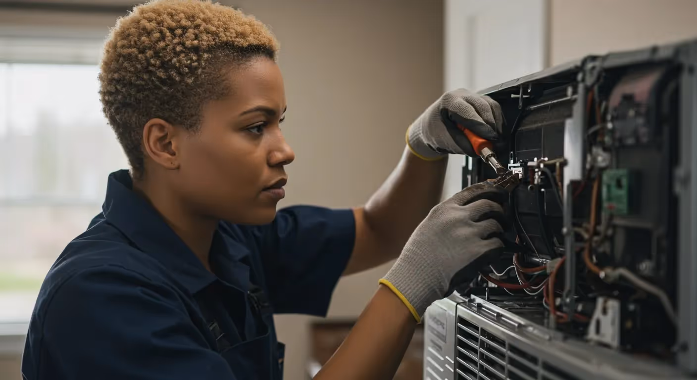 Woman repairs indoor mini-split unit.