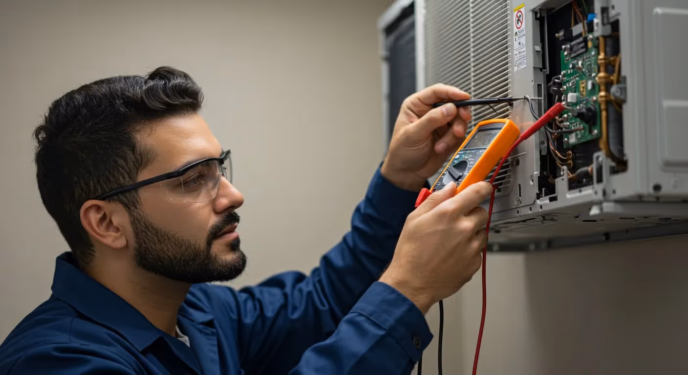 Technician tests electrical board with multimeter.