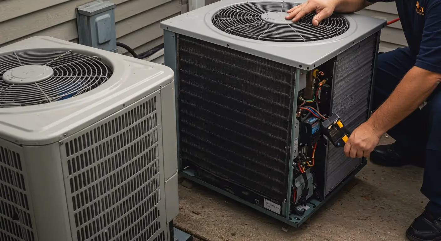 Technician services open outdoor AC unit.