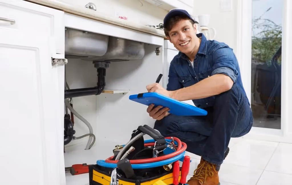 Smiling plumber writes on a clipboard.
