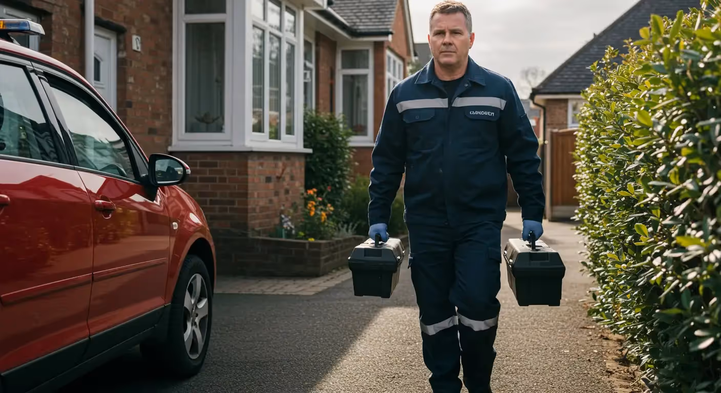Plumber carries toolboxes toward a house.