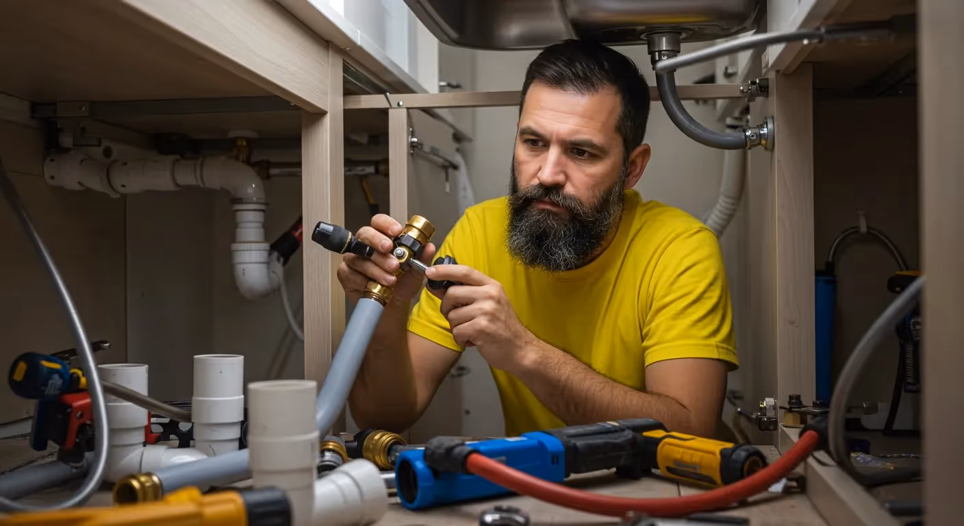 Bearded plumber connecting pipes under sink.