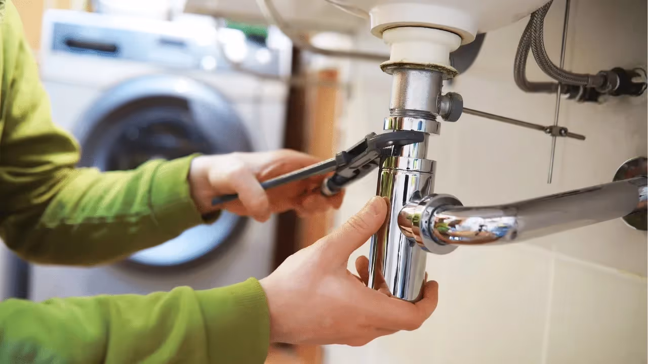 Hands fixing chrome sink drain pipe.