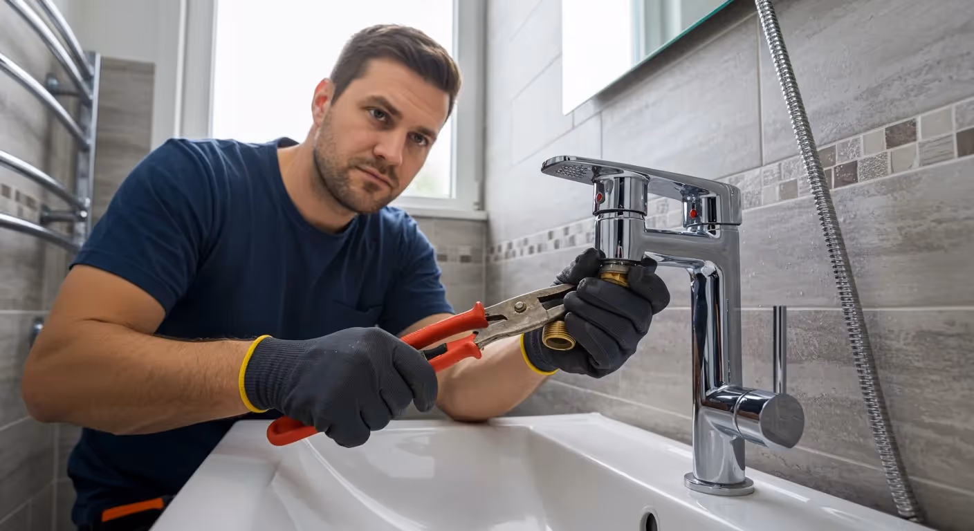 Plumber fixing a modern bathroom faucet.