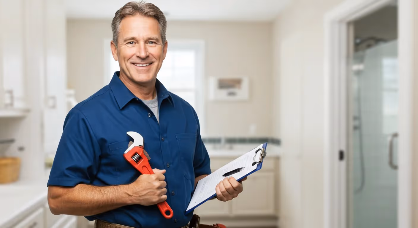 plumber holding wrench and clipboard.