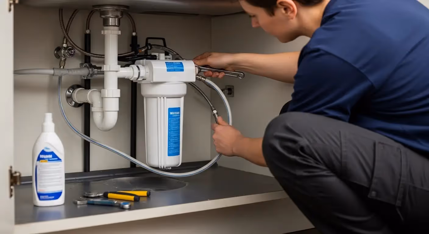 Technician installing or repairing an under-sink water filter system using a wrench
