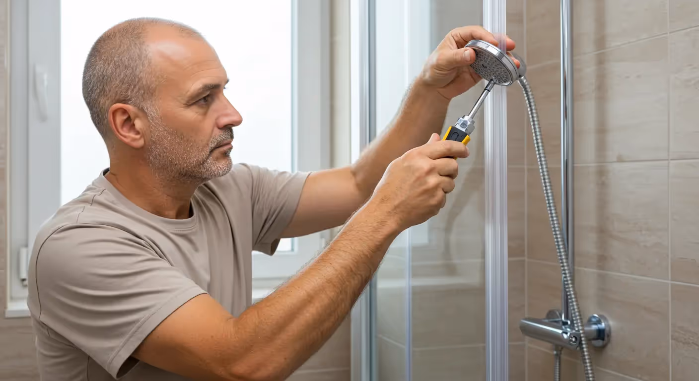 A bald man in a beige shirt using a wrench adjusting a shower head in a tiled bathroom