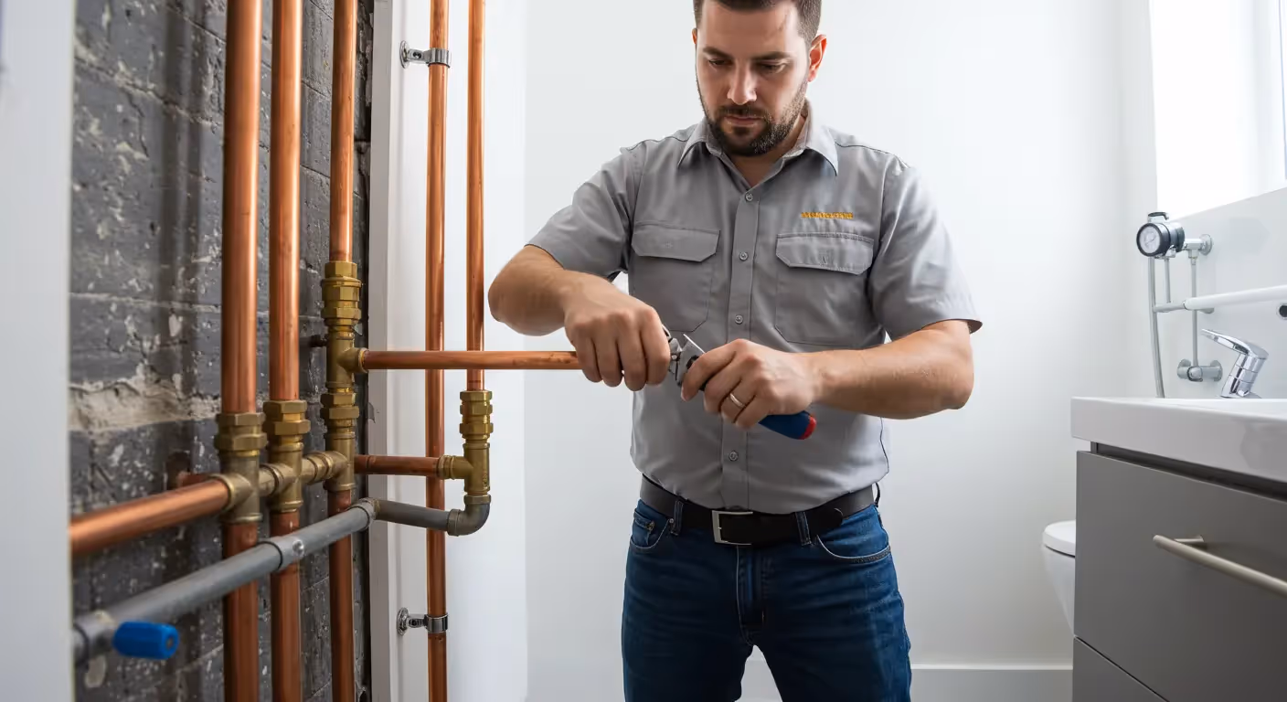 A plumber works on copper pipes in a bathroom