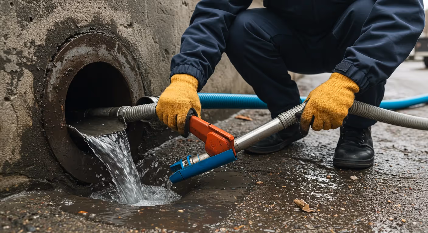 A person wearing yellow gloves is cleaning out a dirty drain pipe