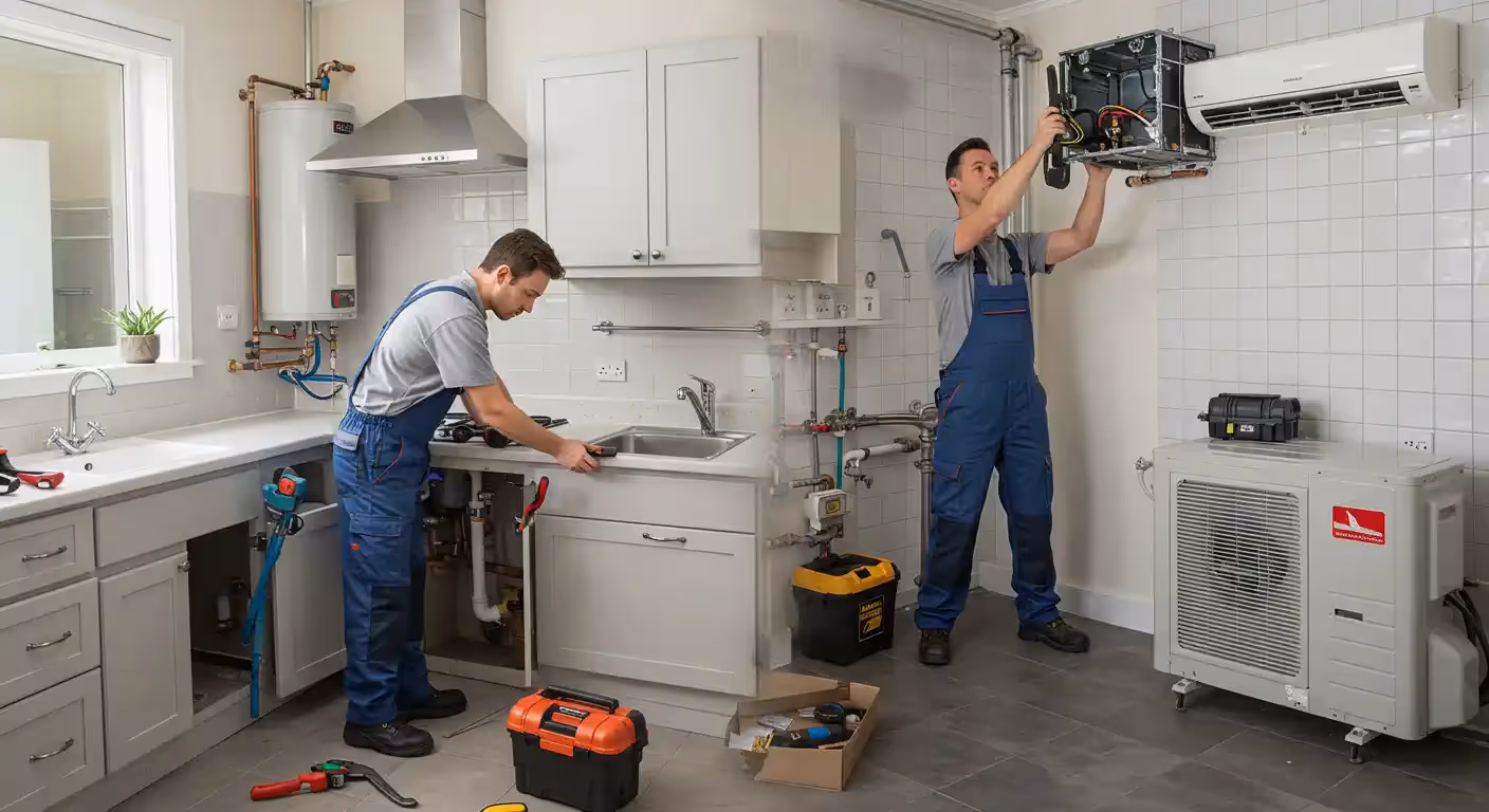 Two male technicians in blue overalls and gray shirts are working on a combined HVAC and plumbing installation in a clean, modern kitchen area.