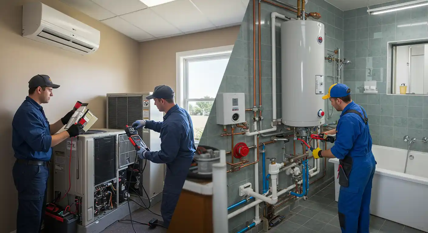 On the left, two HVAC technicians in dark blue uniforms are servicing a large indoor air conditioning or heat pump unit, On the right, a plumber in blue overalls is working on a large white water heater and complex network of exposed copper.