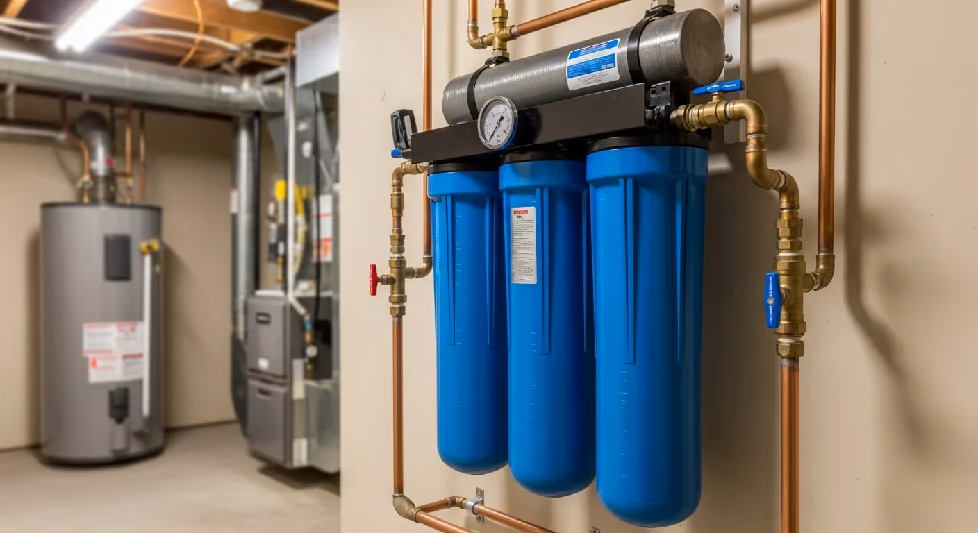whole-house water filtration system mounted on a beige wall, likely in a basement or utility room.