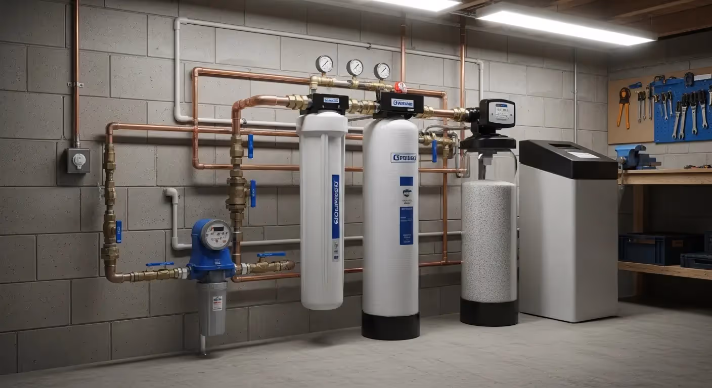 A comprehensive whole-home water filtration and softening system is wall-mounted in a basement. It features three large vertical tanks—one sediment filter, one carbon tank, and one brine tank—connected by copper piping with pressure gauges and blue shut-off valves against a concrete block wall.