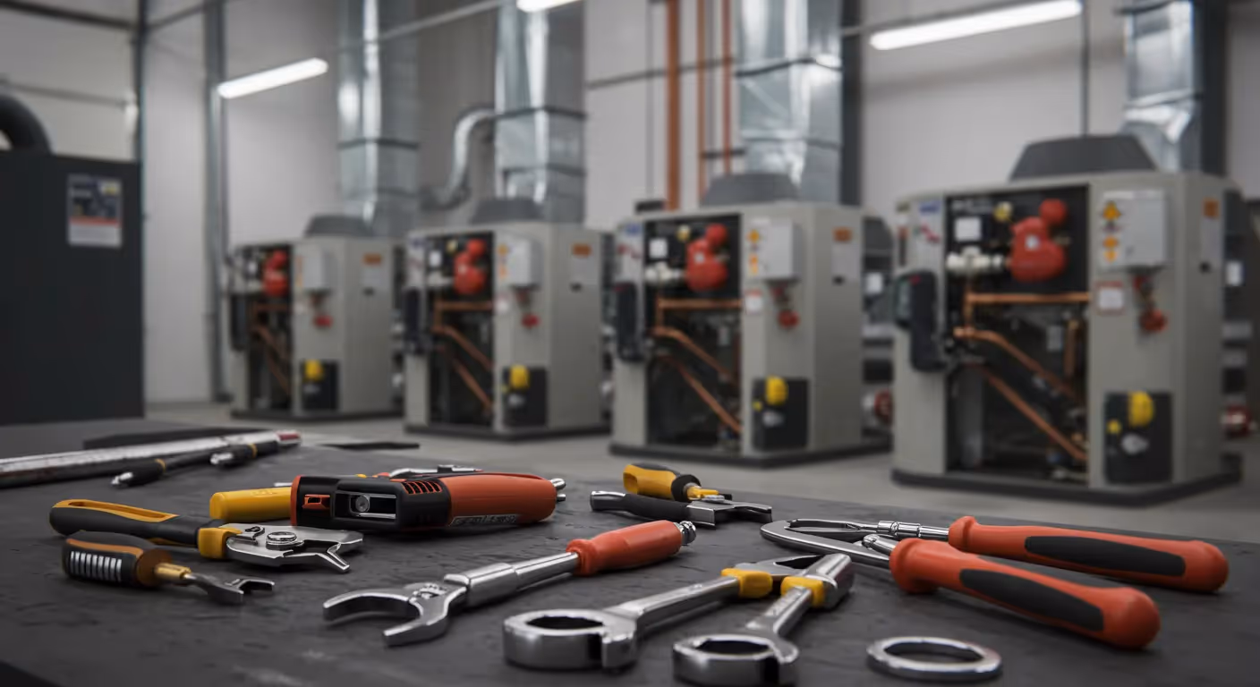 A focused image shows an assortment of HVAC tools—including wrenches, pliers, screwdrivers, and a multimeter—lying on a dark workbench in the foreground. In the blurred background, a row of several large, gray, commercial-style HVAC units with exposed copper piping and red components are lined up inside a mechanical room.