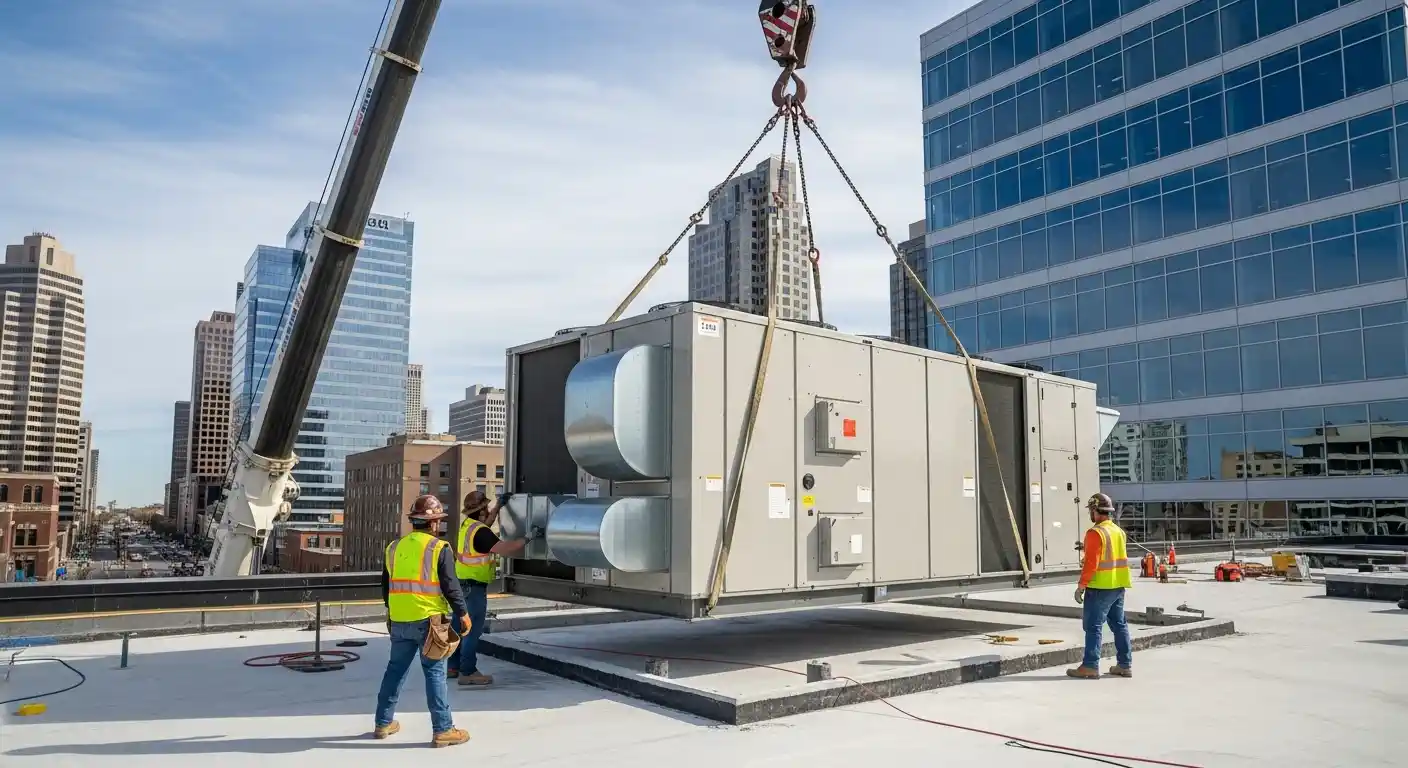  A construction scene shows a large, gray commercial rooftop HVAC unit being lowered by a crane onto a building's roof in a city setting. Three workers in hard hats and high-visibility safety vests are positioned around the unit, guiding it into place as it hangs suspended by metal chains. Modern high-rise buildings dominate the background under a blue sky.