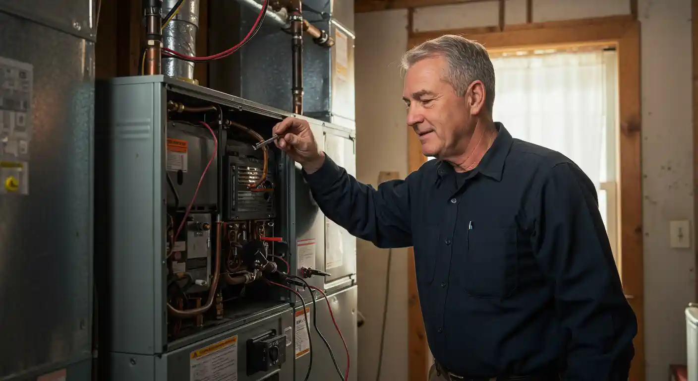 An experienced, middle-aged HVAC technician in a dark blue shirt is working on an indoor furnace or air handler unit.