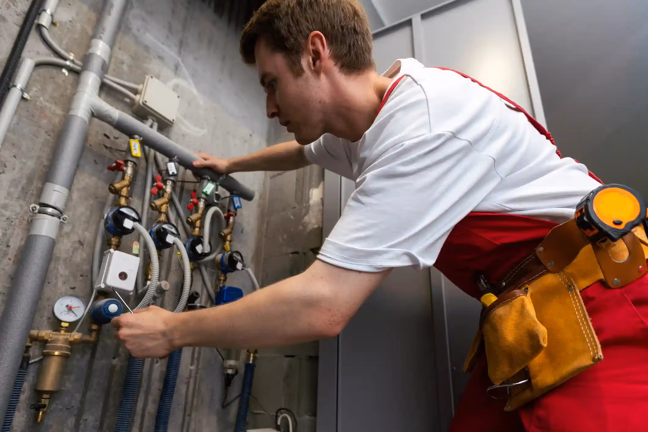 A young male technician, wearing a white t-shirt and red overalls with a yellow utility belt, is leaning in to work on a commercial plumbing or heating manifold system.