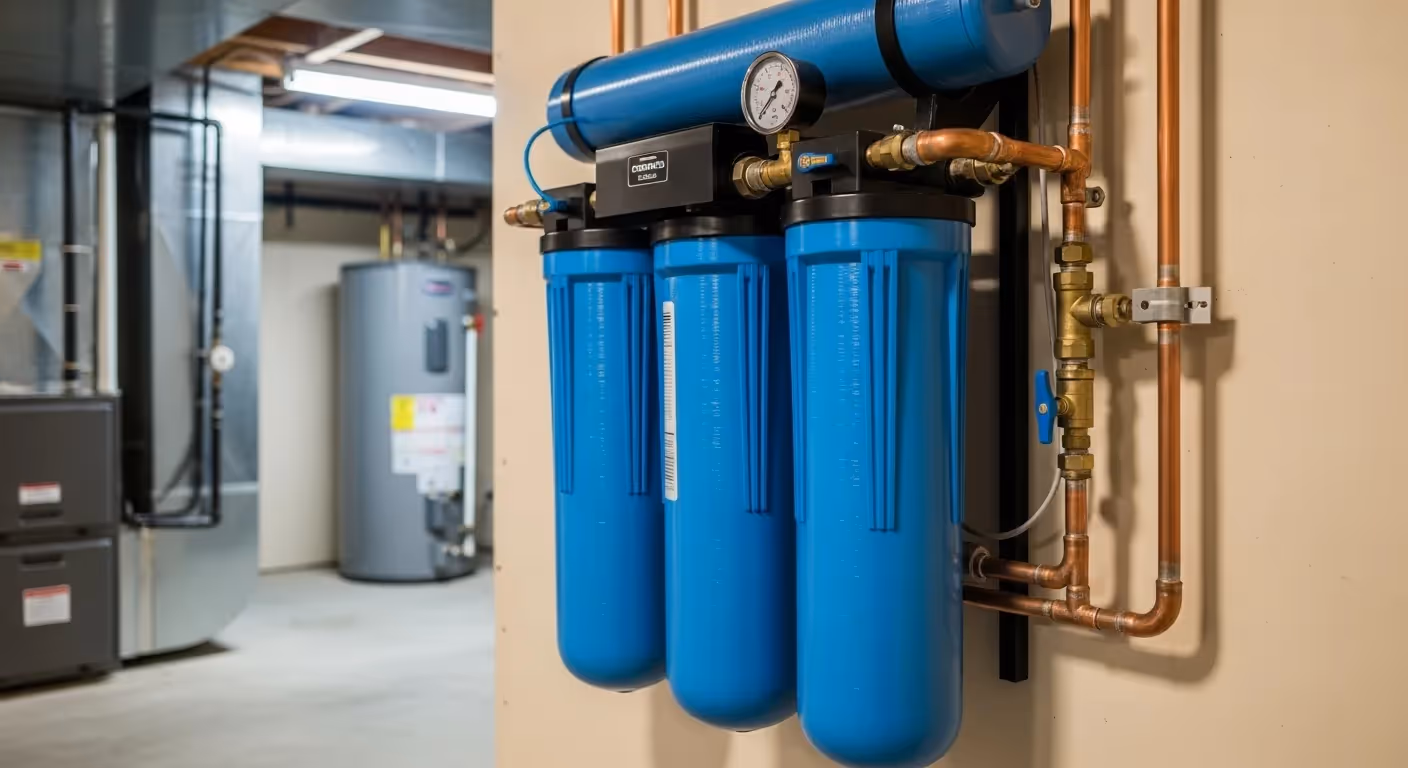  A clear image shows a whole-home water filtration system mounted on a wall in a utility room or basement.