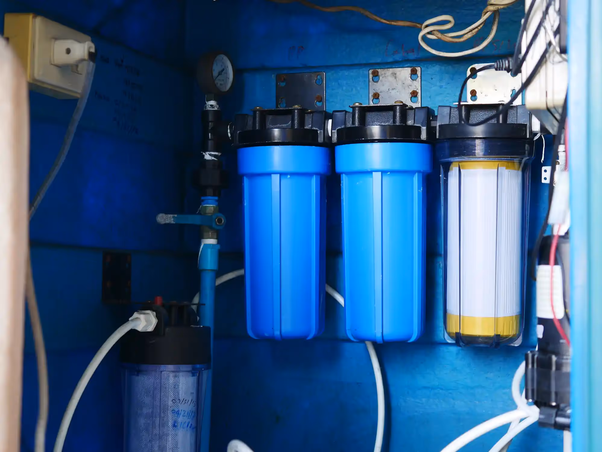  A close-up image shows a multi-stage water filtration system, likely part of a reverse osmosis setup, mounted inside a bright blue wooden cabinet or enclosure. There are three prominent filter housings, two solid blue and one clear housing with a white and yellow filter cartridge visible inside. White plumbing lines, a valve, and a pressure gauge are connected to the system.