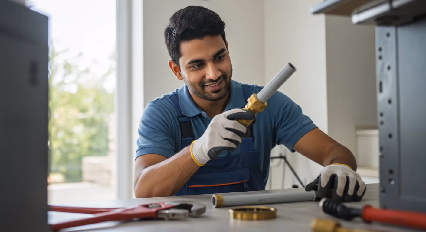 Smiling young plumber in gloves examining a pipe and brass fitting while working at a table.
