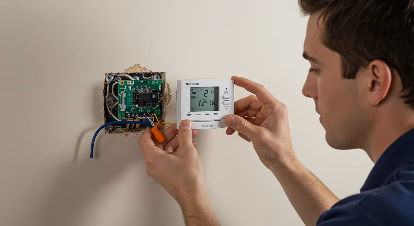 A technician installs a white digital thermostat onto an interior wall. The image shows the device being aligned over an exposed electrical box with a green circuit board and colorful wiring, including a blue wire and an orange wire nut.