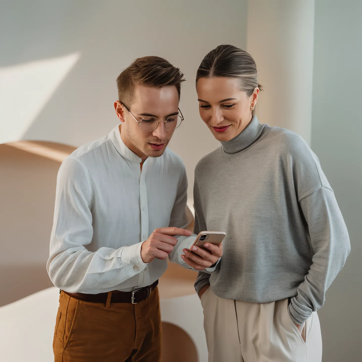 A man and a woman looking at a cell phone.
