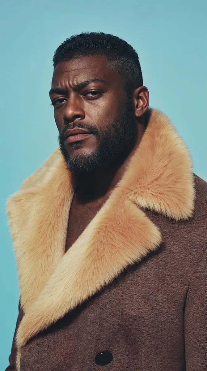 A man in a brown coat with a fur collar.