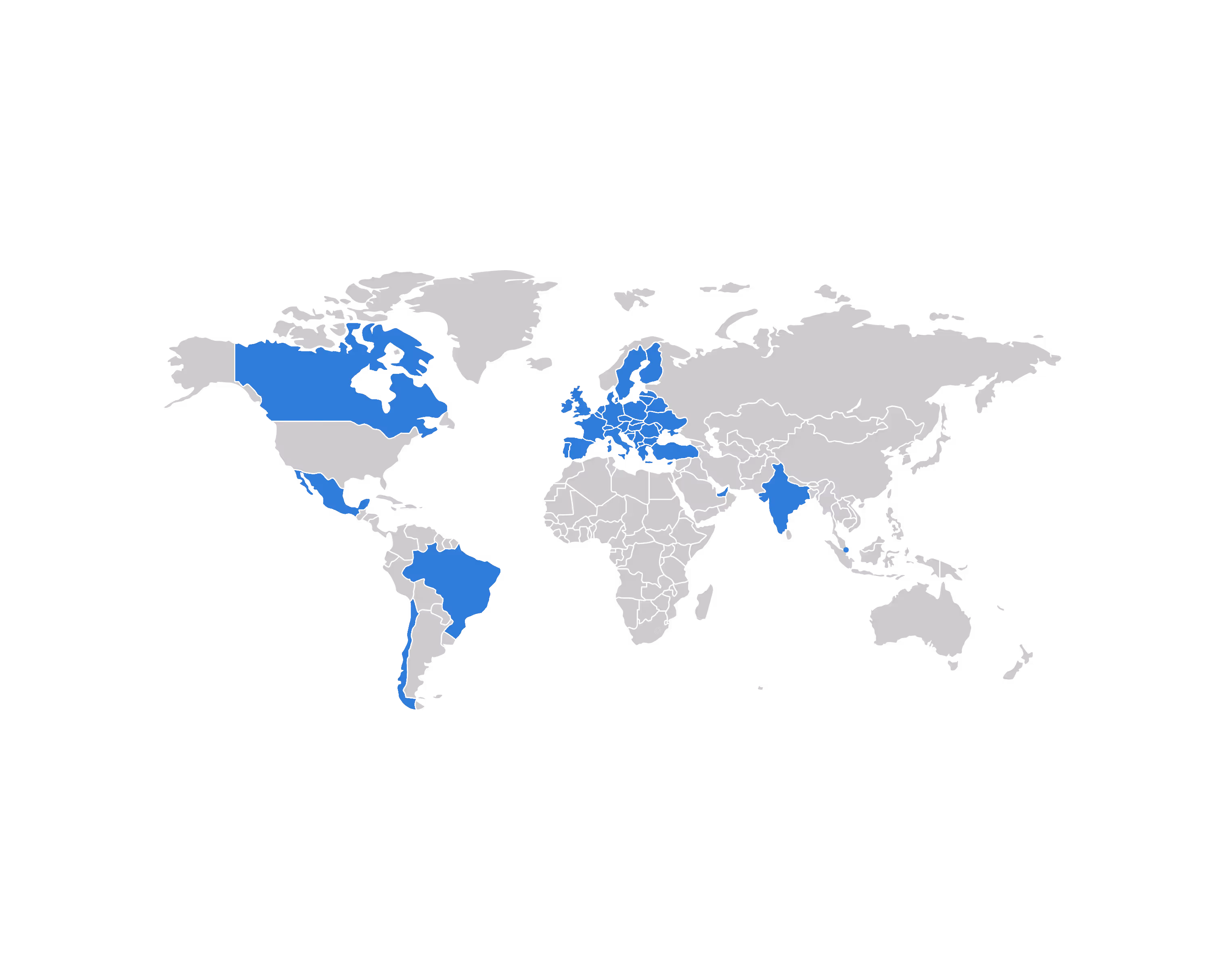 World map highlighting countries in blue: US, Canada, Mexico, Brazil, Argentina, Europe, India, and Thailand.