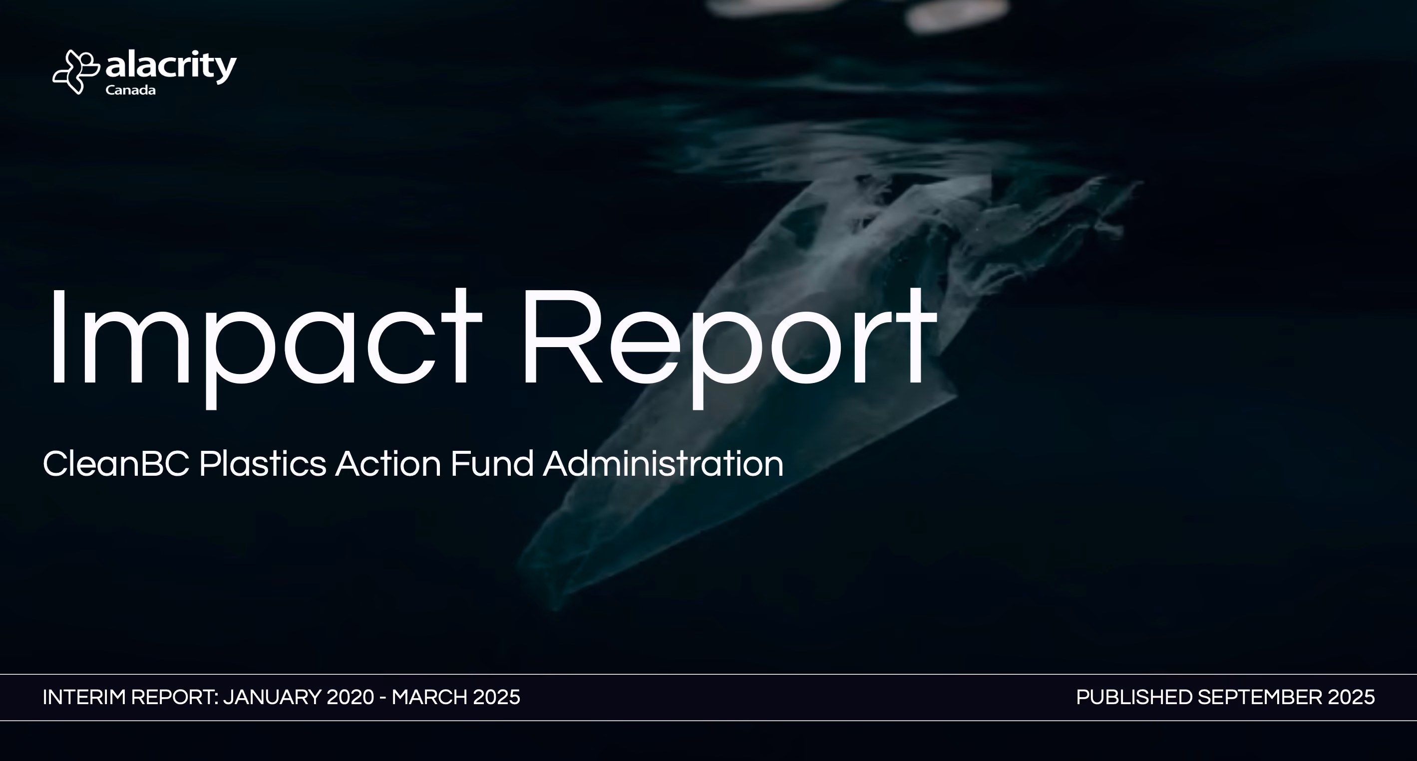 Impact Report cover with underwater plastic bag image for CleanBC Plastics Action Fund administration.