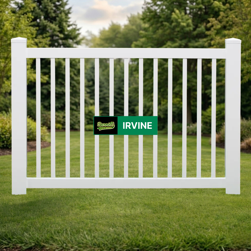 Irvine white vinyl picket fence with narrow vertical pickets