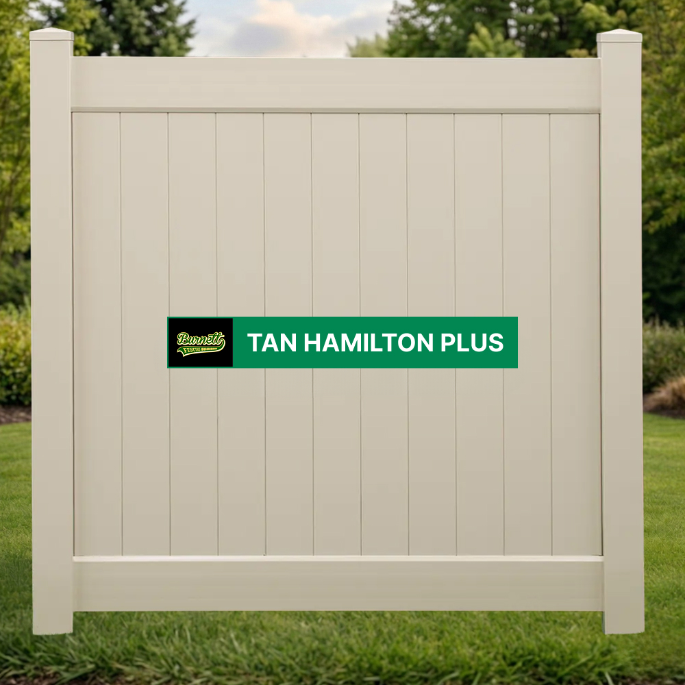 Tan Hamilton Plus tan vinyl privacy fence panel on a lawn