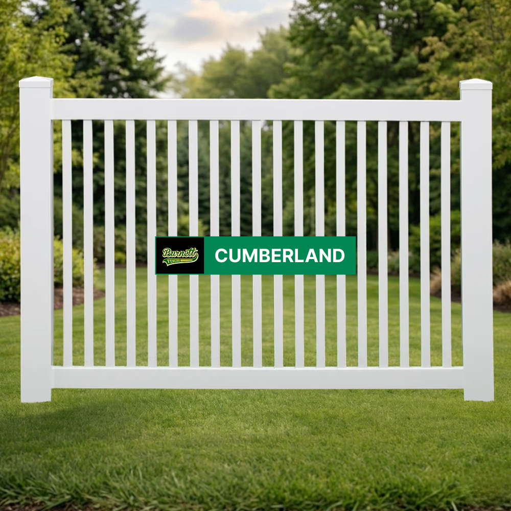 Cumberland white vinyl picket fence with closely spaced vertical pickets