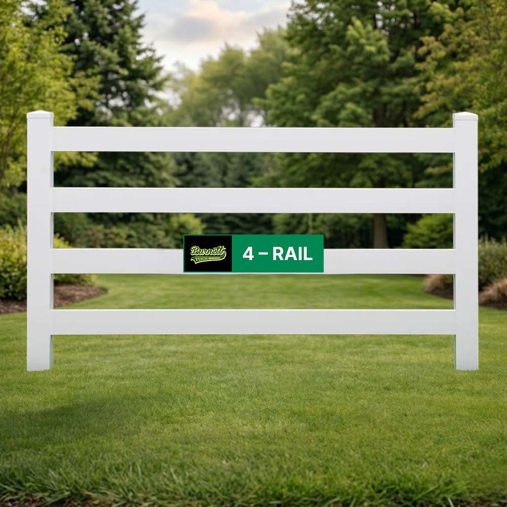 4 Rail white vinyl post and rail fence on a green lawn