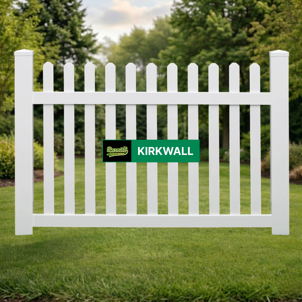 Kirkwall white vinyl picket fence with pointed pickets on a lawn