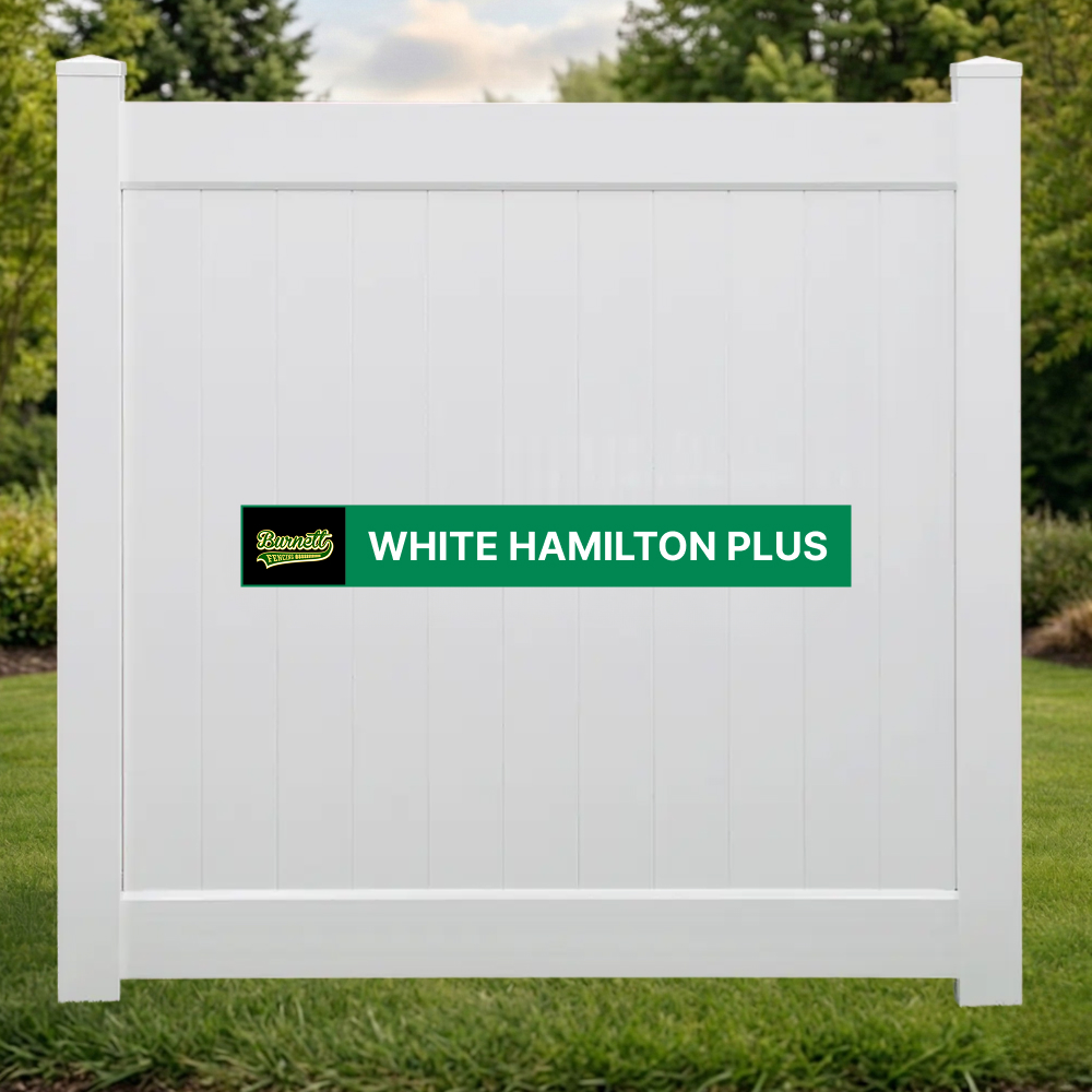White Hamilton Plus white vinyl privacy fence panel on a lawn
