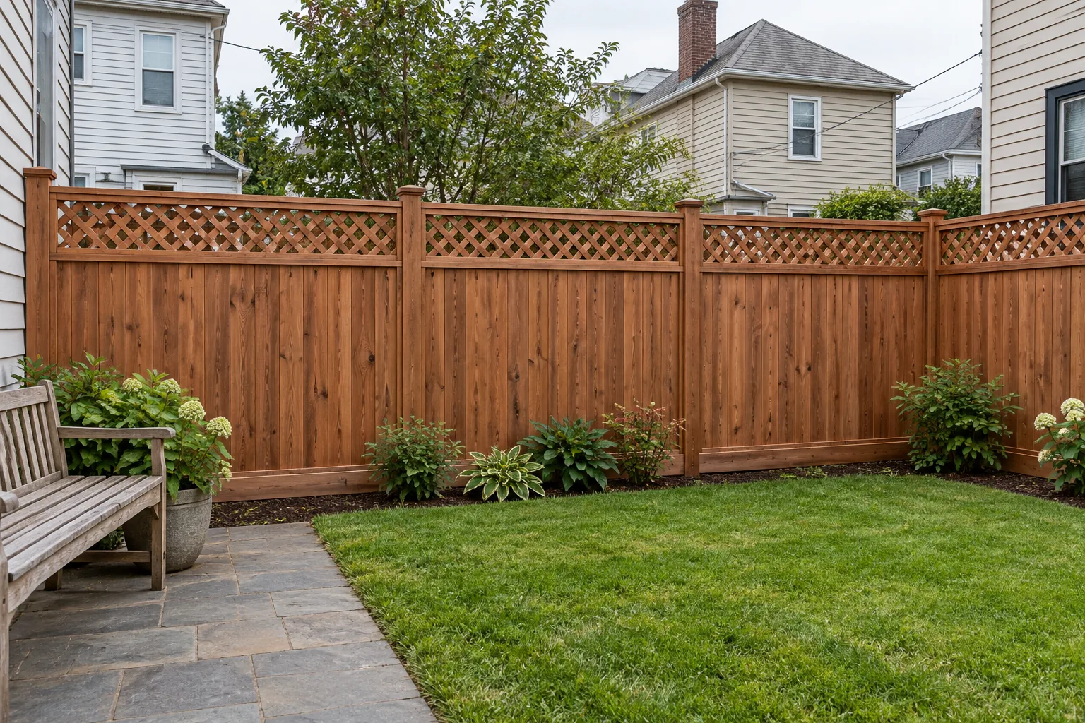 Diamond-lattice redwood · full fence view