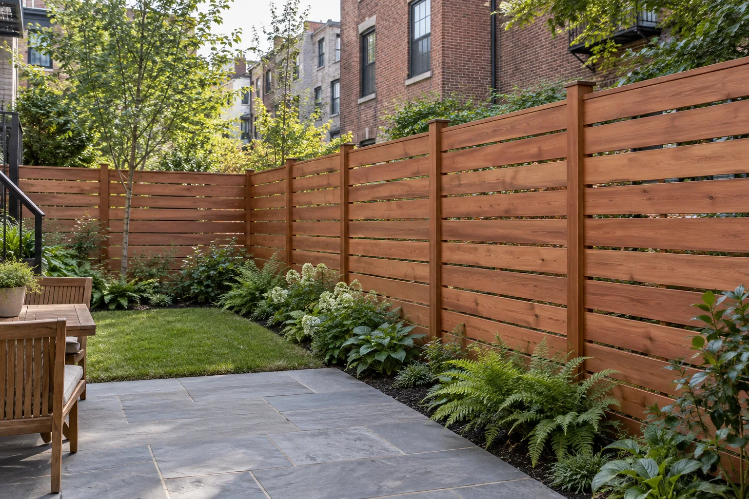 Spaced horizontal redwood · property setting