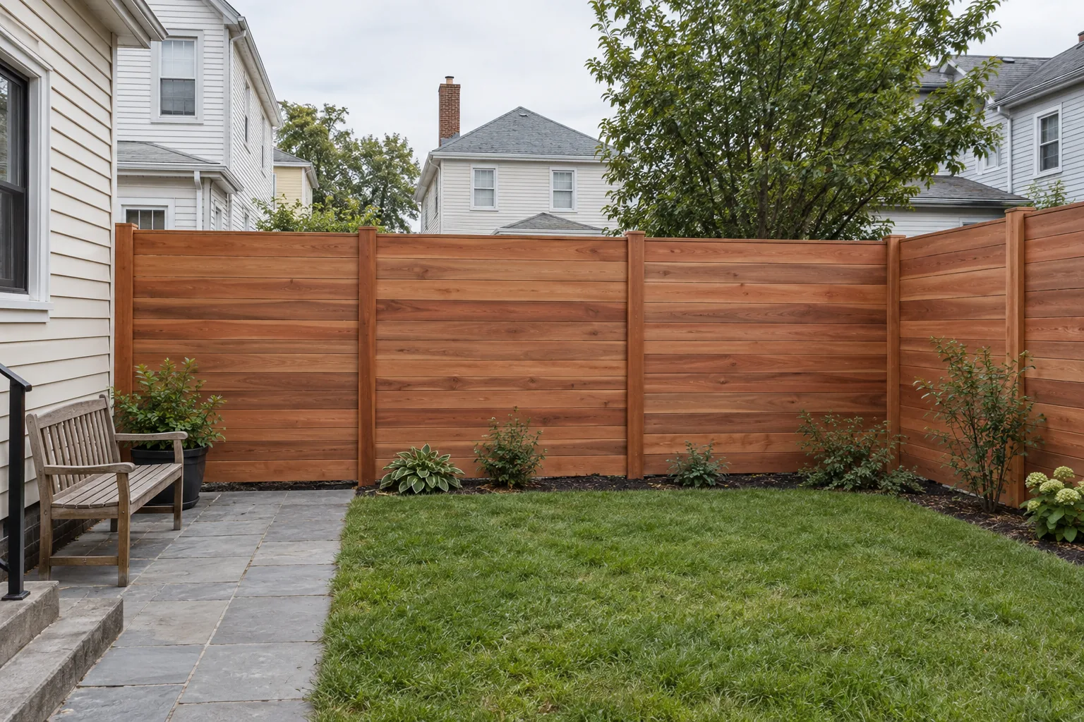 Solid horizontal redwood · full fence view