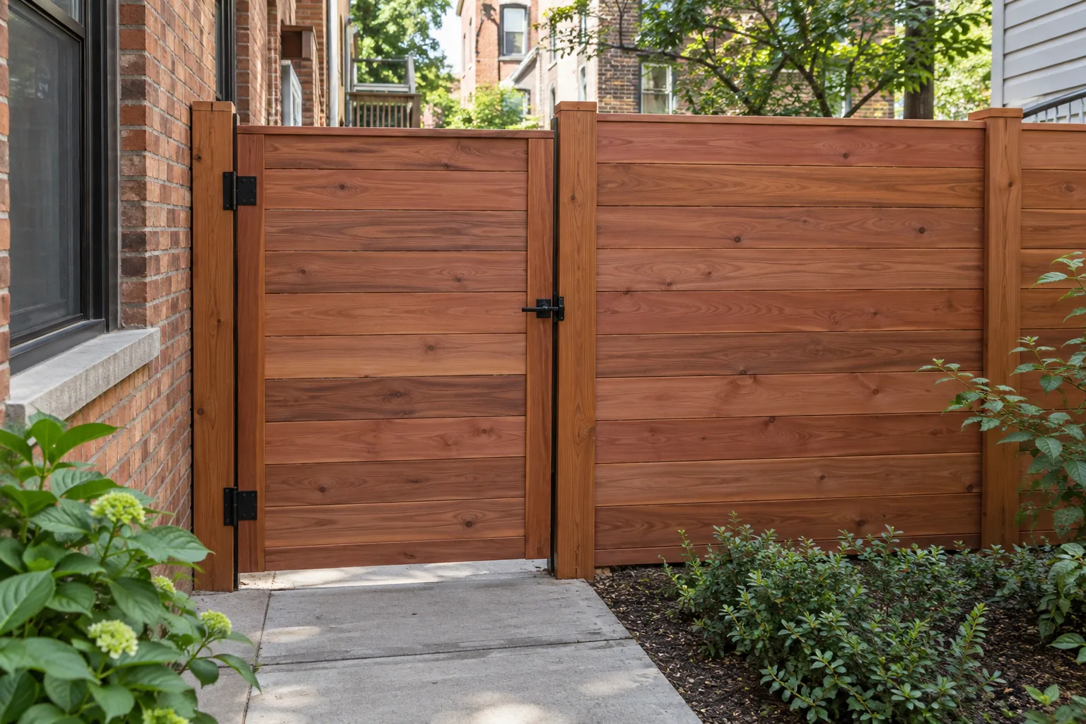 Solid horizontal redwood · gate design