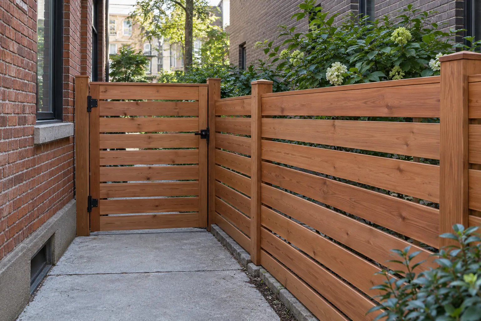 Spaced horizontal redwood · gate design