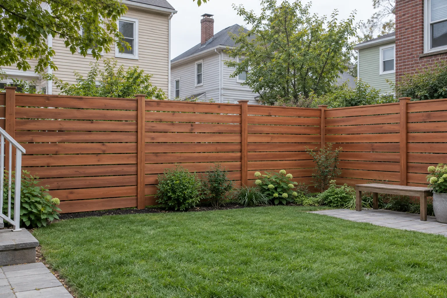 Spaced horizontal redwood · full fence view