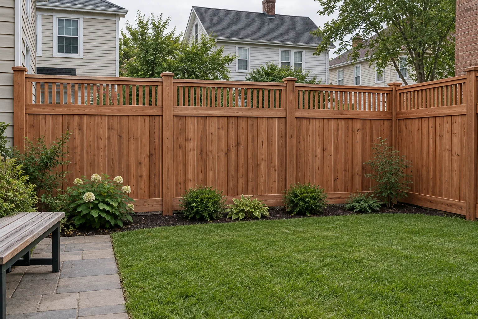 Piano-key redwood · full fence view
