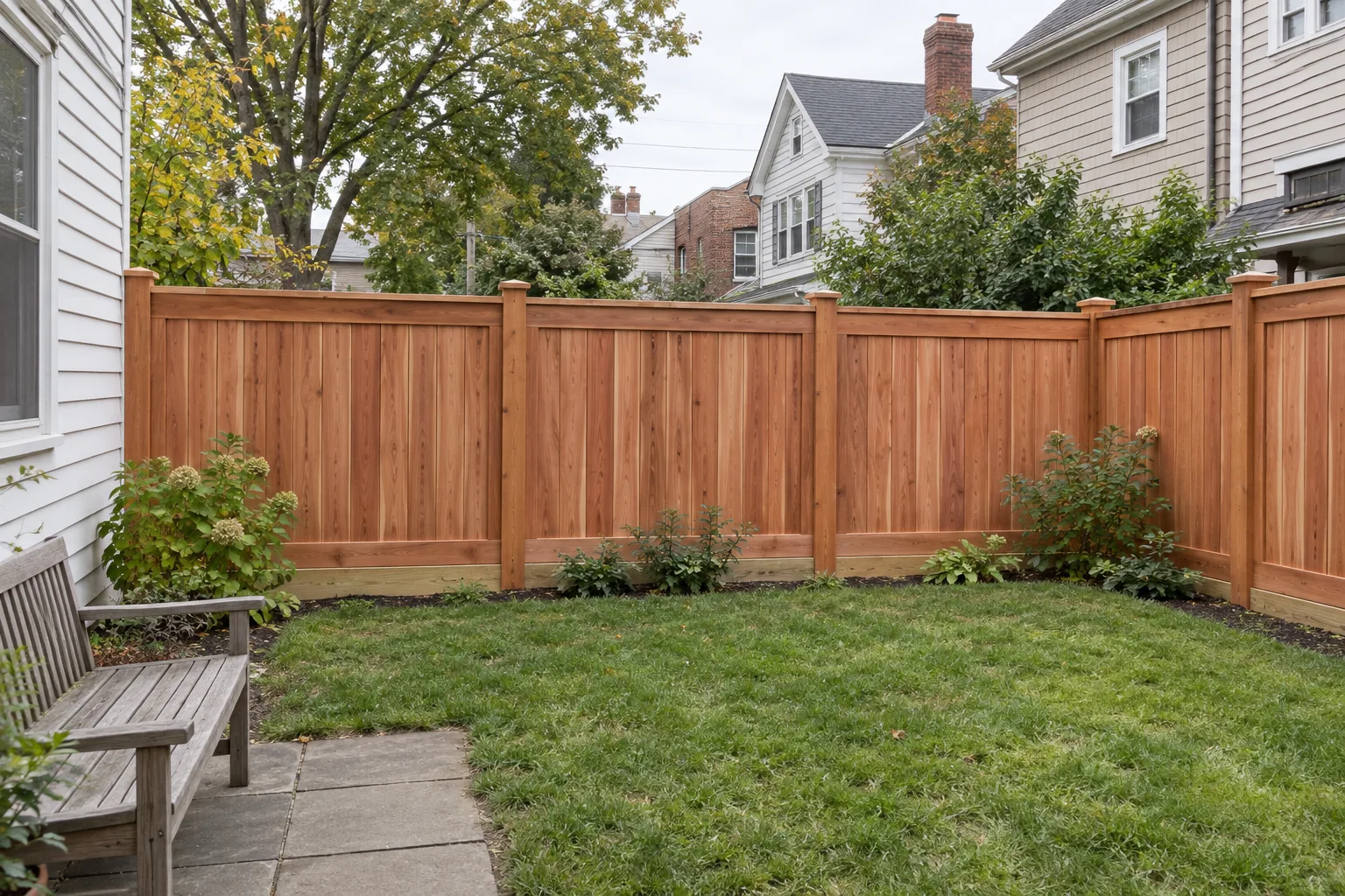 Picture-frame redwood · full fence view