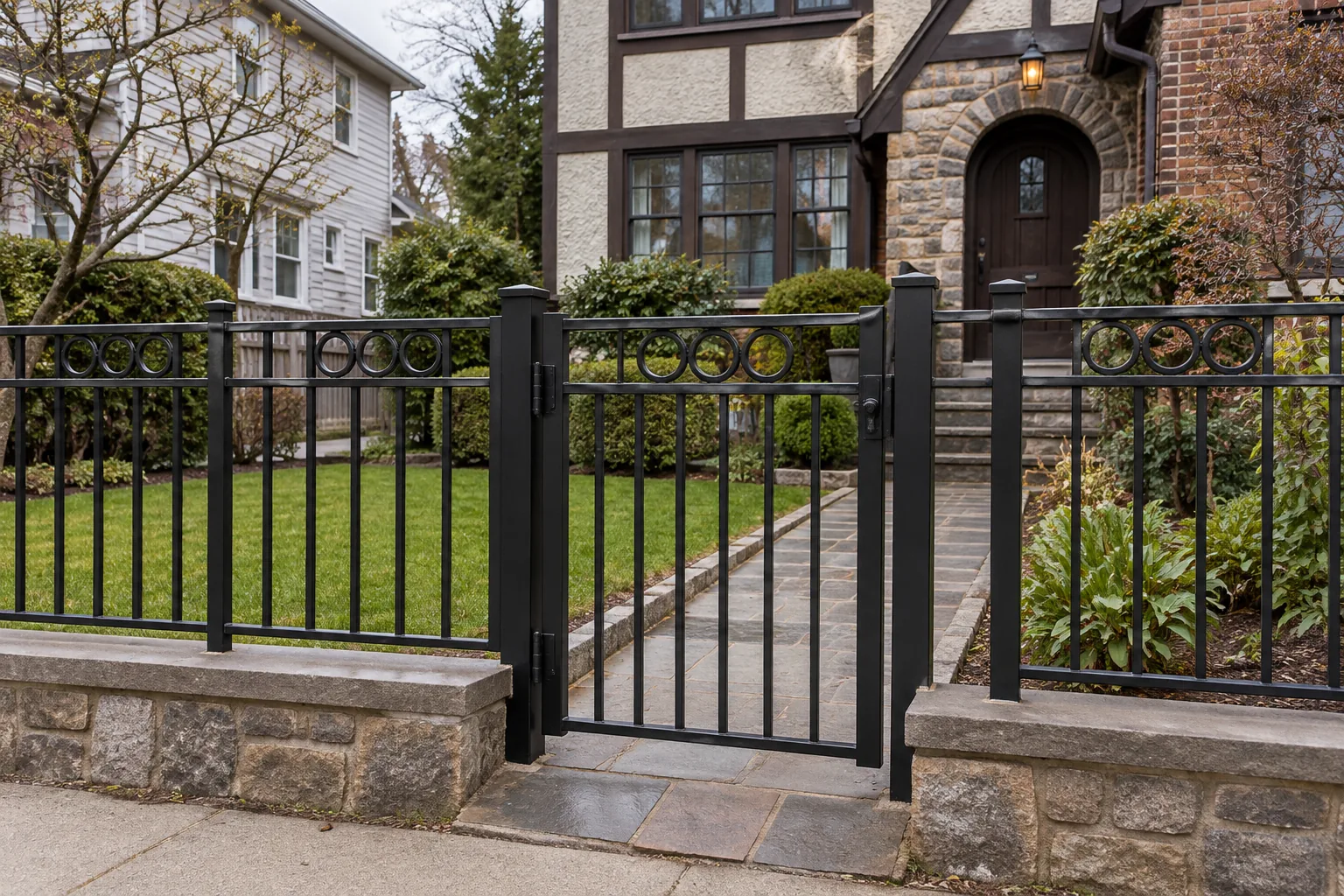 Geometric steel walk gate · alternate property setting